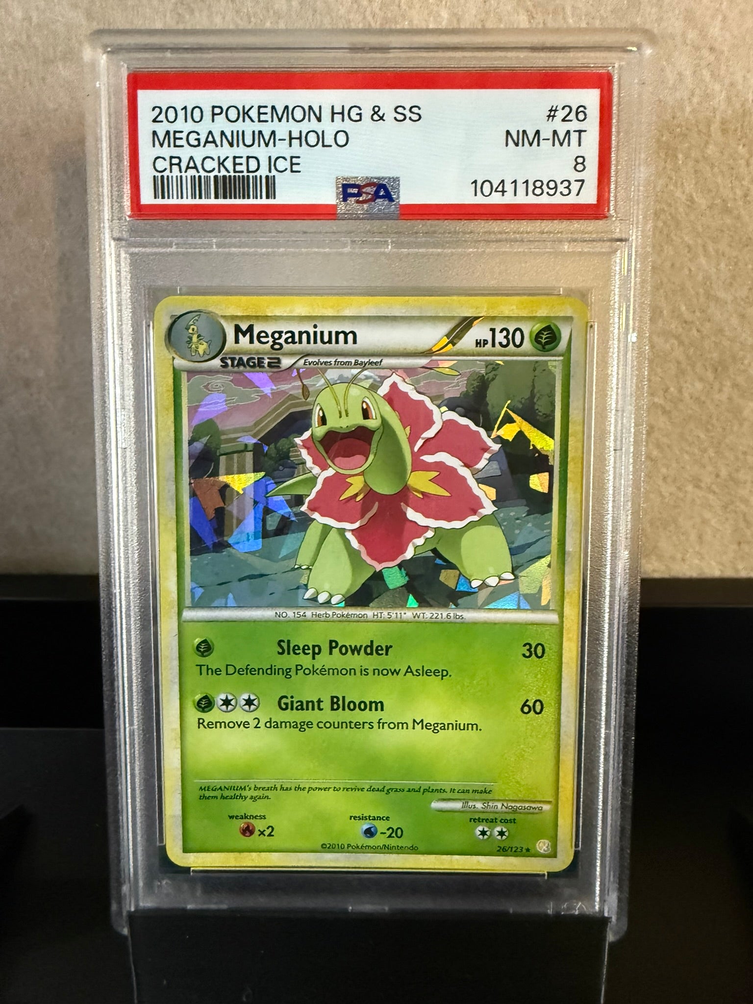 2010 Pokémon HGSS Meganium #26 – Holo Cracked Ice – PSA 8 (NM-MT)