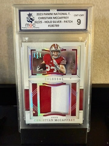 2023 Panini National Treasures Christian McCaffrey – Holo Silver Patch /25 – Graded 9