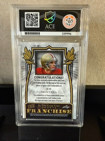 Leaf In The Game Used Joe Montana Triple Patch – 1/5 – Mint 9
