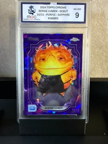 2024 Topps Chrome Pixar – Bernie Lumen Debut /15 – Purple Sapphire – Graded 9