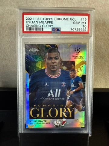 2021-22 Topps Chrome UCL Kylian Mbappé “Chasing Glory” Refractor – PSA 10 GEM MINT