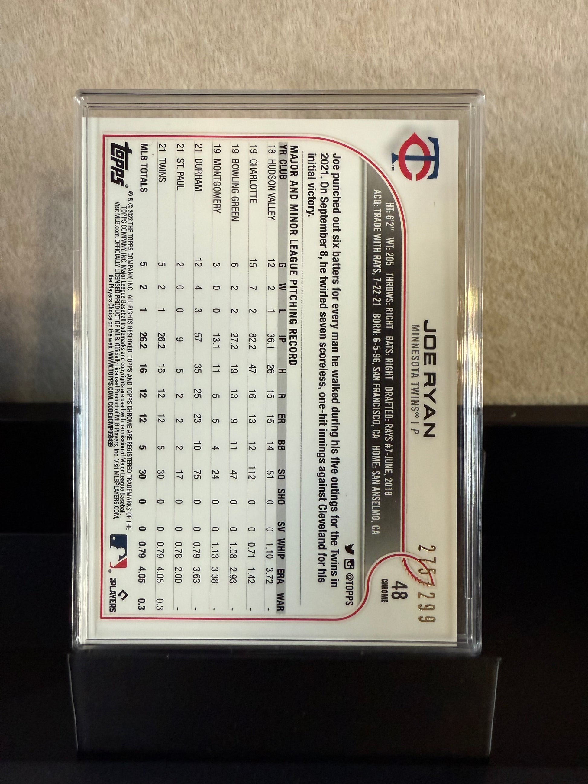 Joe Ryan RC – 2022 Topps Chrome Purple RayWave Refractor 275/299