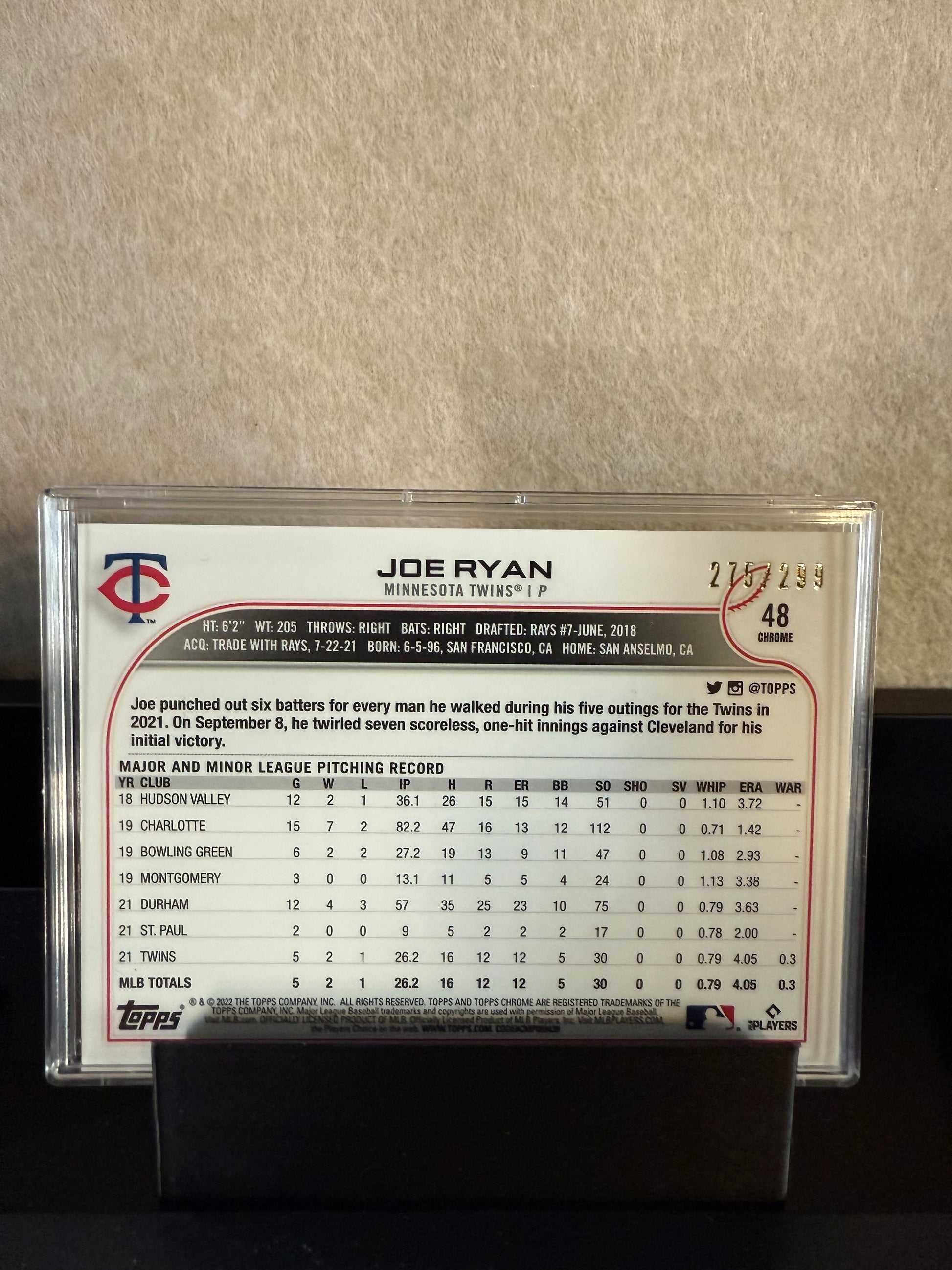 Joe Ryan RC – 2022 Topps Chrome Purple RayWave Refractor 275/299