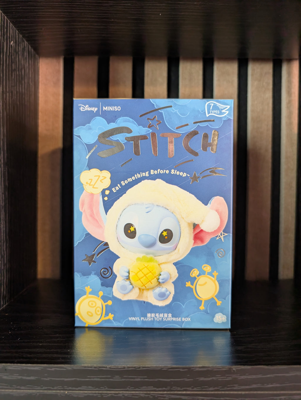 Miniso × Disney Stitch “Eat Something Before Sleep” – Vinyl Plush Blind Box Keychain